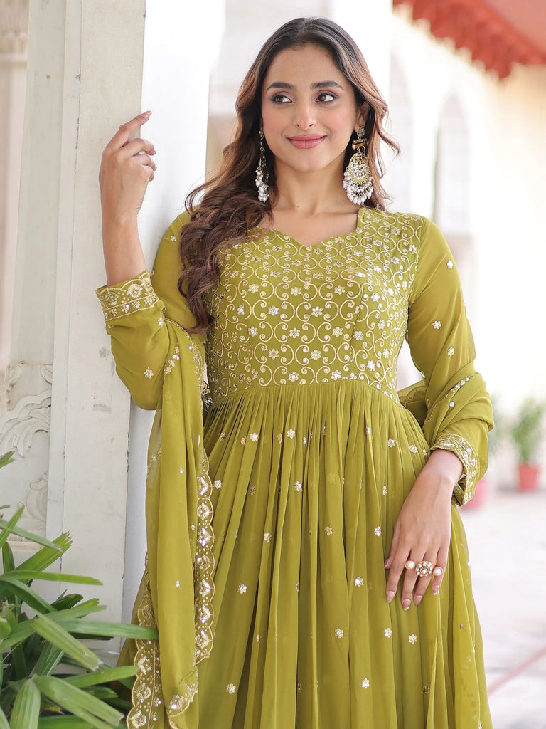 Lovely Green Embroidered Georgette Festive Wear Gown With Dupatta