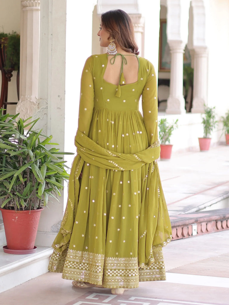 Lovely Green Embroidered Georgette Festive Wear Gown With Dupatta