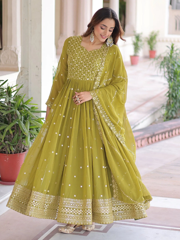 Lovely Green Embroidered Georgette Festive Wear Gown With Dupatta