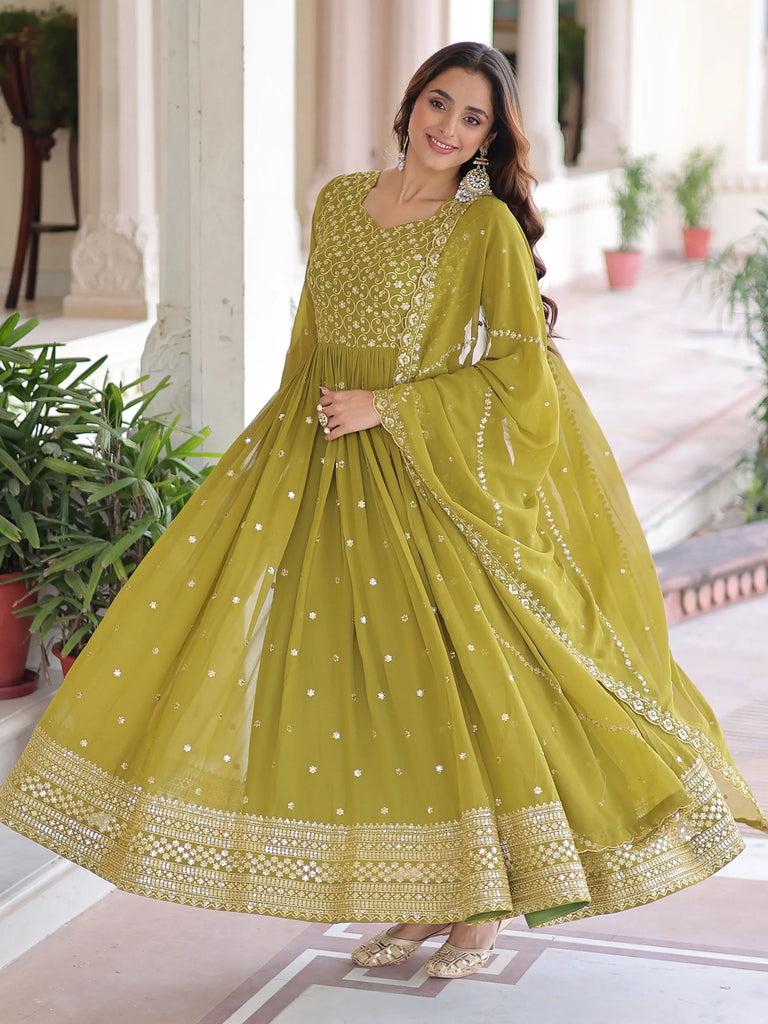 Lovely Green Embroidered Georgette Festive Wear Gown With Dupatta