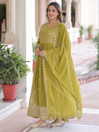 Lovely Green Embroidered Georgette Festive Wear Gown With Dupatta