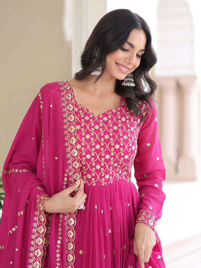 Pretty Pink Embroidered Georgette Wedding Wear Gown With Dupatta