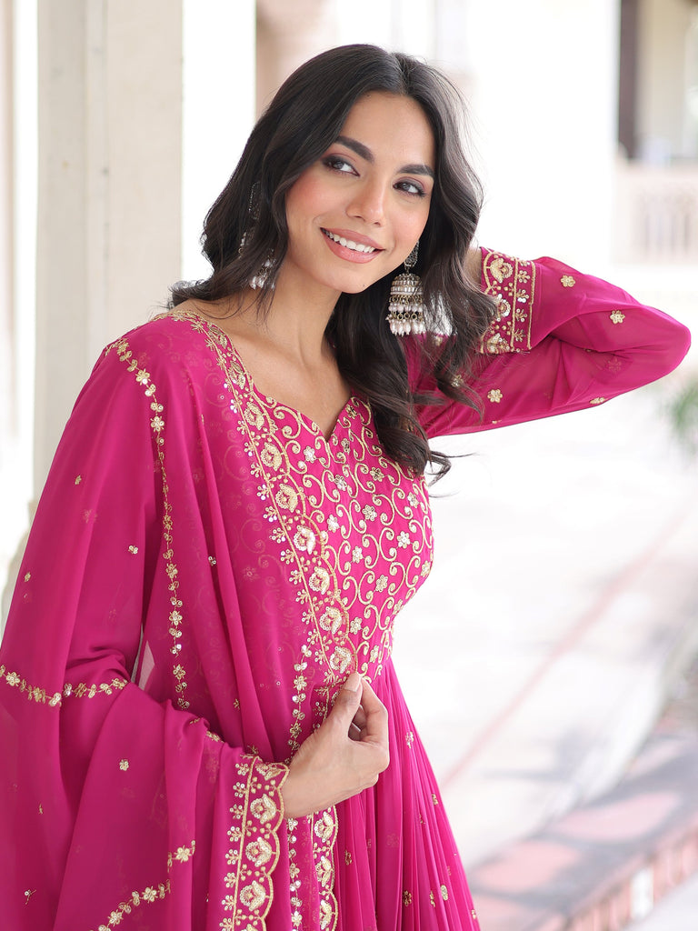 Pretty Pink Embroidered Georgette Wedding Wear Gown With Dupatta