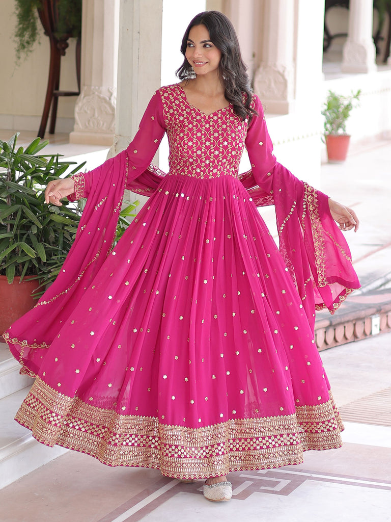 Pretty Pink Embroidered Georgette Wedding Wear Gown With Dupatta