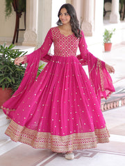 Pretty Pink Embroidered Georgette Wedding Wear Gown With Dupatta