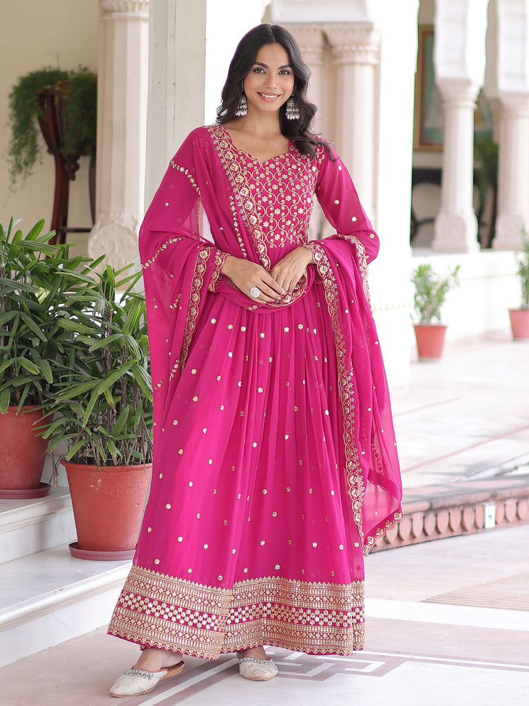 Pretty Pink Embroidered Georgette Wedding Wear Gown With Dupatta