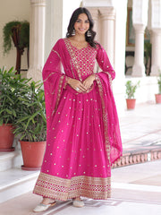 Pretty Pink Embroidered Georgette Wedding Wear Gown With Dupatta