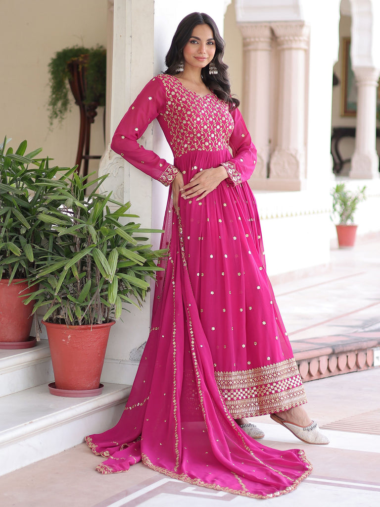 Pretty Pink Embroidered Georgette Wedding Wear Gown With Dupatta