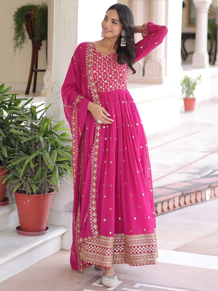 Pretty Pink Embroidered Georgette Wedding Wear Gown With Dupatta