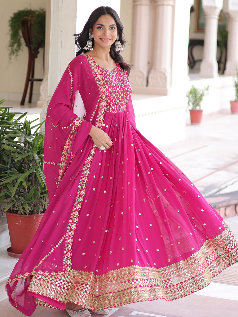 Pretty Pink Embroidered Georgette Wedding Wear Gown With Dupatta