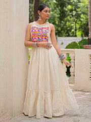Artistic Off White Cotton Multi-Thread Work Traditional Gown