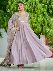 Charming Purple Sequins Silk Festive Wear Gown With Dupatta