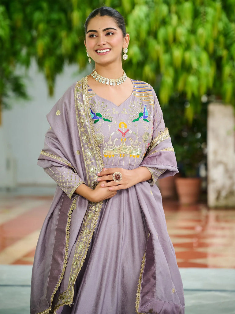 Charming Purple Sequins Silk Festive Wear Gown With Dupatta