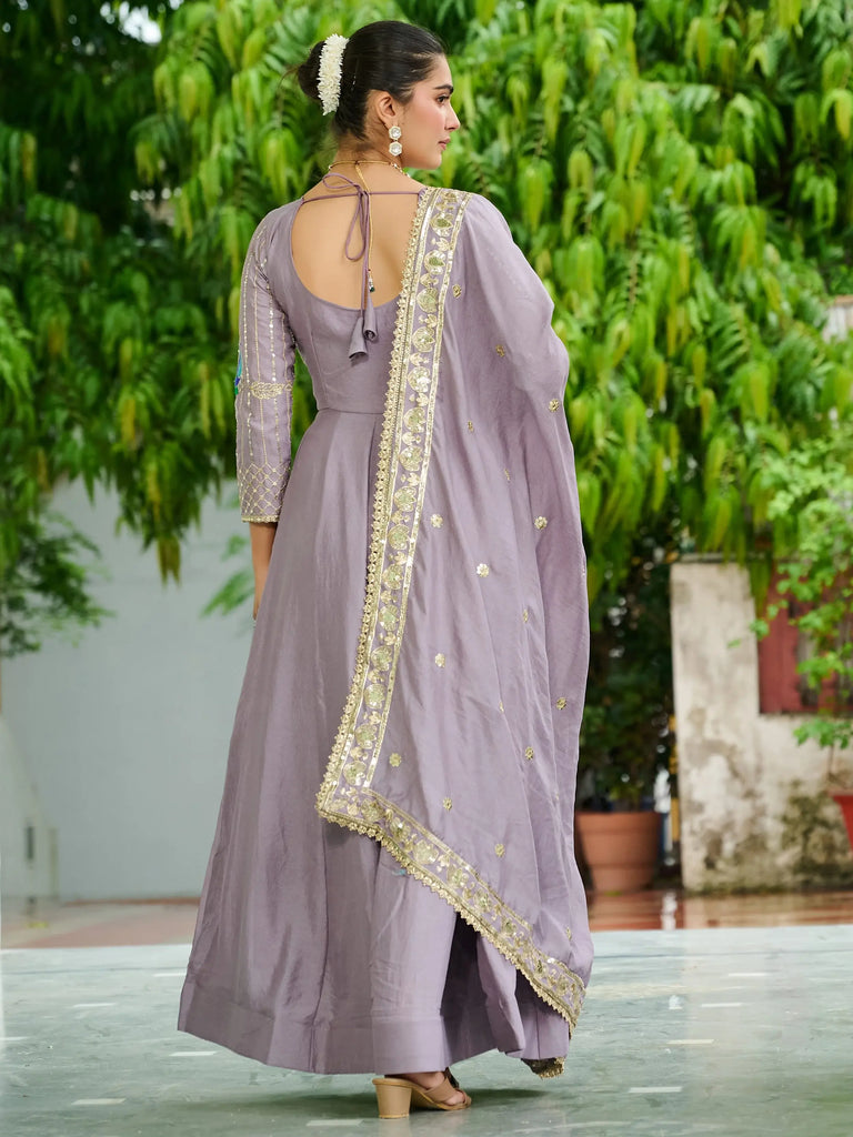 Charming Purple Sequins Silk Festive Wear Gown With Dupatta