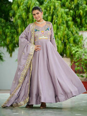 Charming Purple Sequins Silk Festive Wear Gown With Dupatta