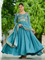 Dazzling Blue Sequins Silk Function Wear Gown With Dupatta