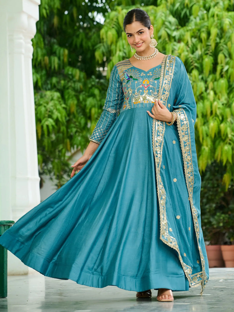 Dazzling Blue Sequins Silk Function Wear Gown With Dupatta