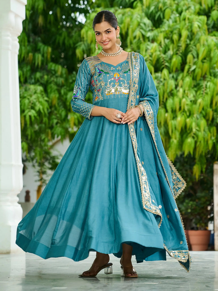 Dazzling Blue Sequins Silk Function Wear Gown With Dupatta
