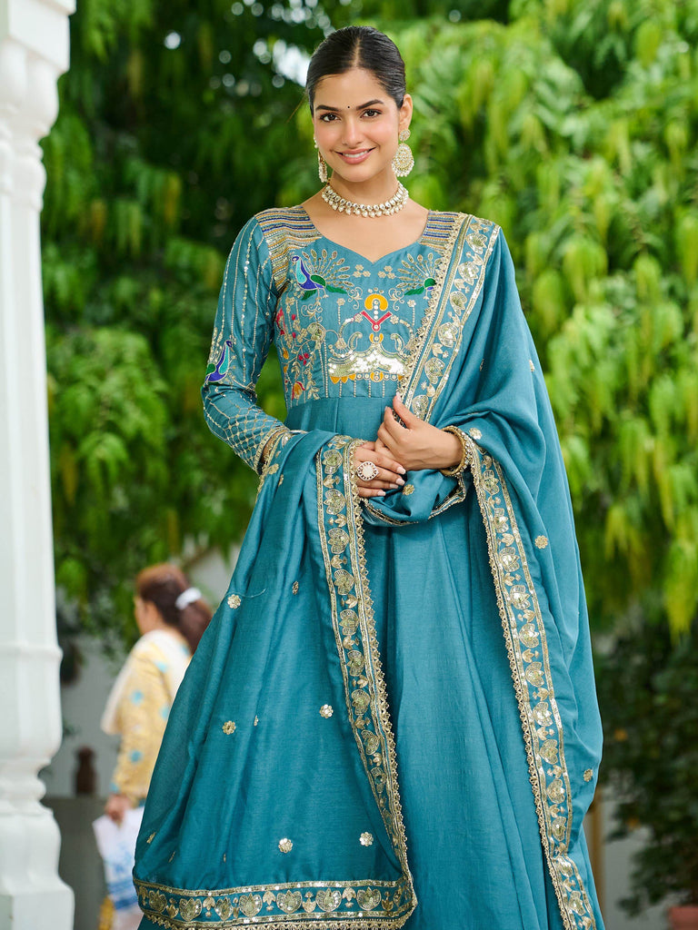 Dazzling Blue Sequins Silk Function Wear Gown With Dupatta