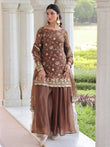 Charming Coffee Sequins Embroidered Organza Wedding Wear Salwar Kameez
