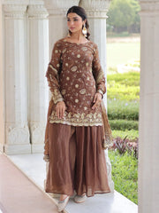 Charming Coffee Sequins Embroidered Organza Wedding Wear Salwar Kameez