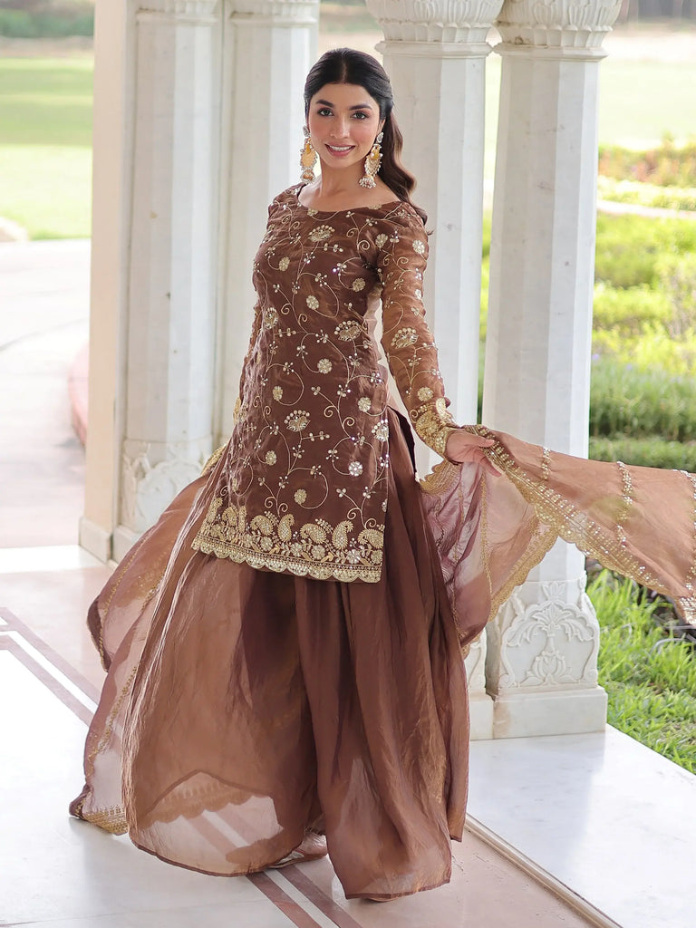 Charming Coffee Sequins Embroidered Organza Wedding Wear Salwar Kameez