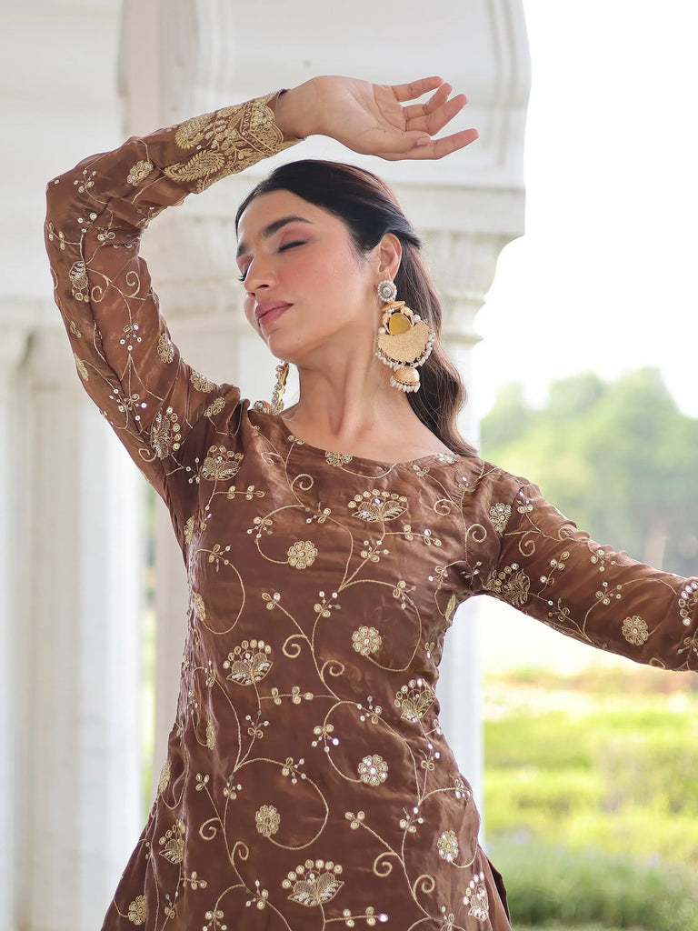 Charming Coffee Sequins Embroidered Organza Wedding Wear Salwar Kameez