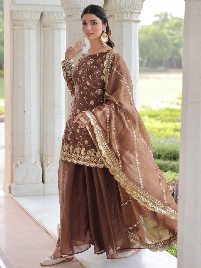 Charming Coffee Sequins Embroidered Organza Wedding Wear Salwar Kameez