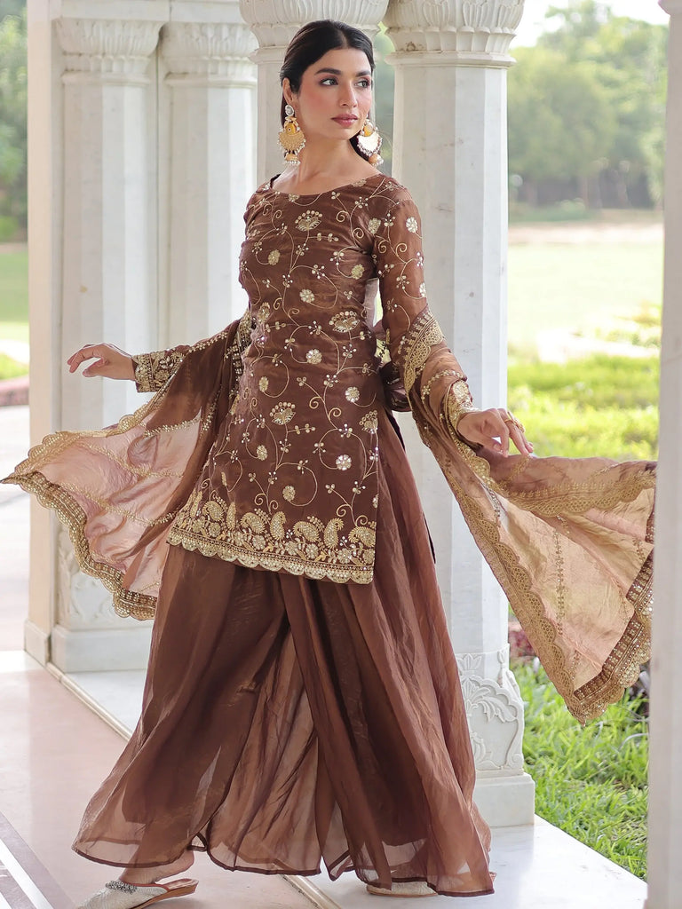 Charming Coffee Sequins Embroidered Organza Wedding Wear Salwar Kameez