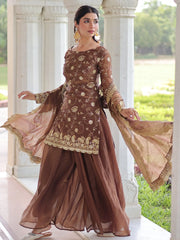 Charming Coffee Sequins Embroidered Organza Wedding Wear Salwar Kameez