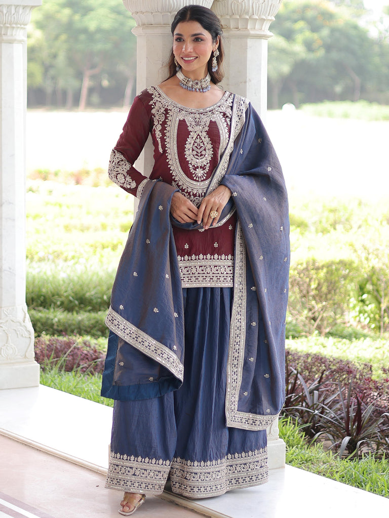 Alluring Maroon Embroidered Silk Festival Wear Sharara Suit