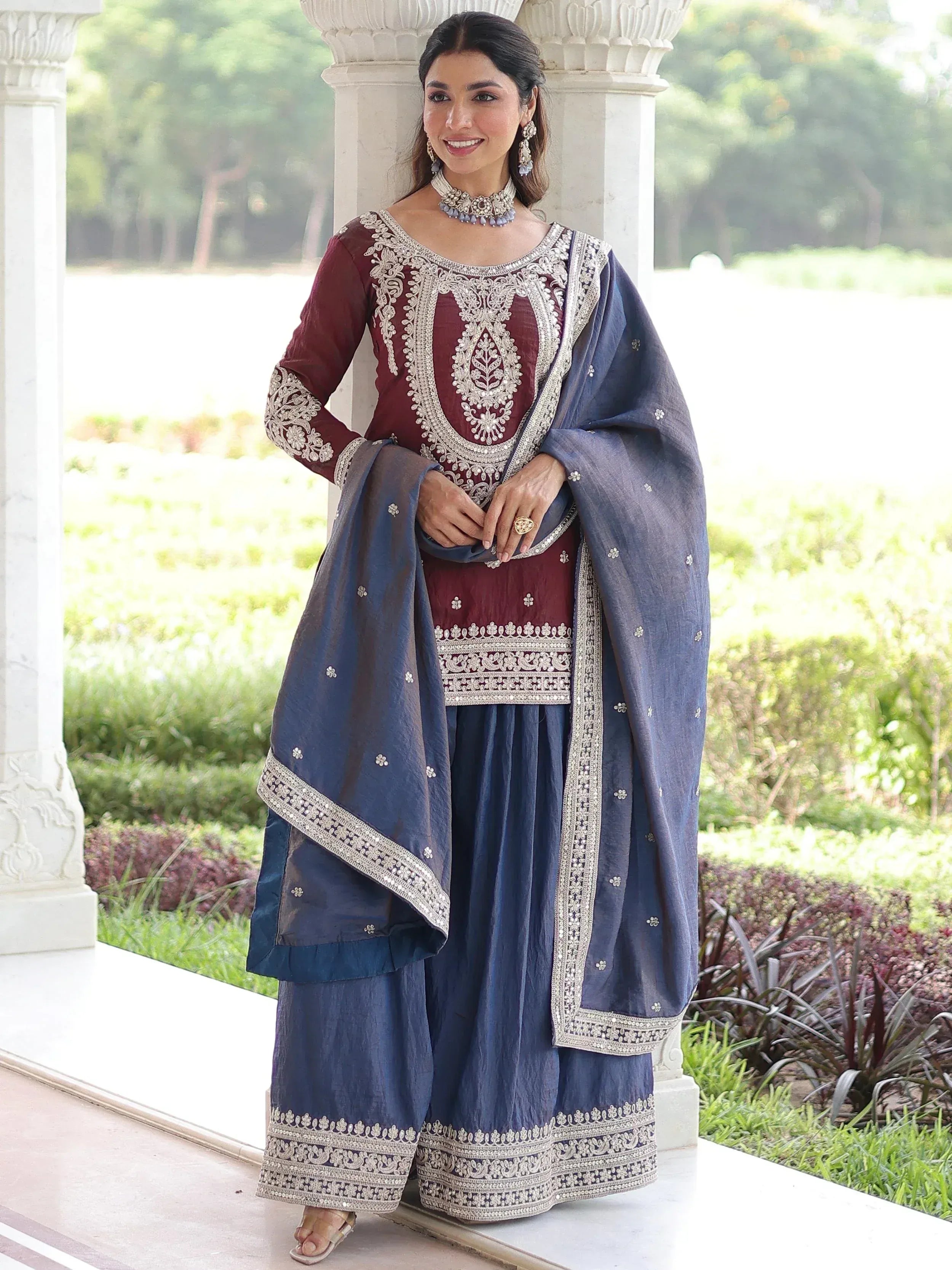 Alluring Maroon Embroidered Silk Festival Wear Sharara Suit