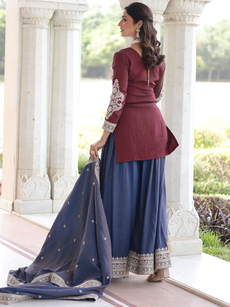 Alluring Maroon Embroidered Silk Festival Wear Sharara Suit