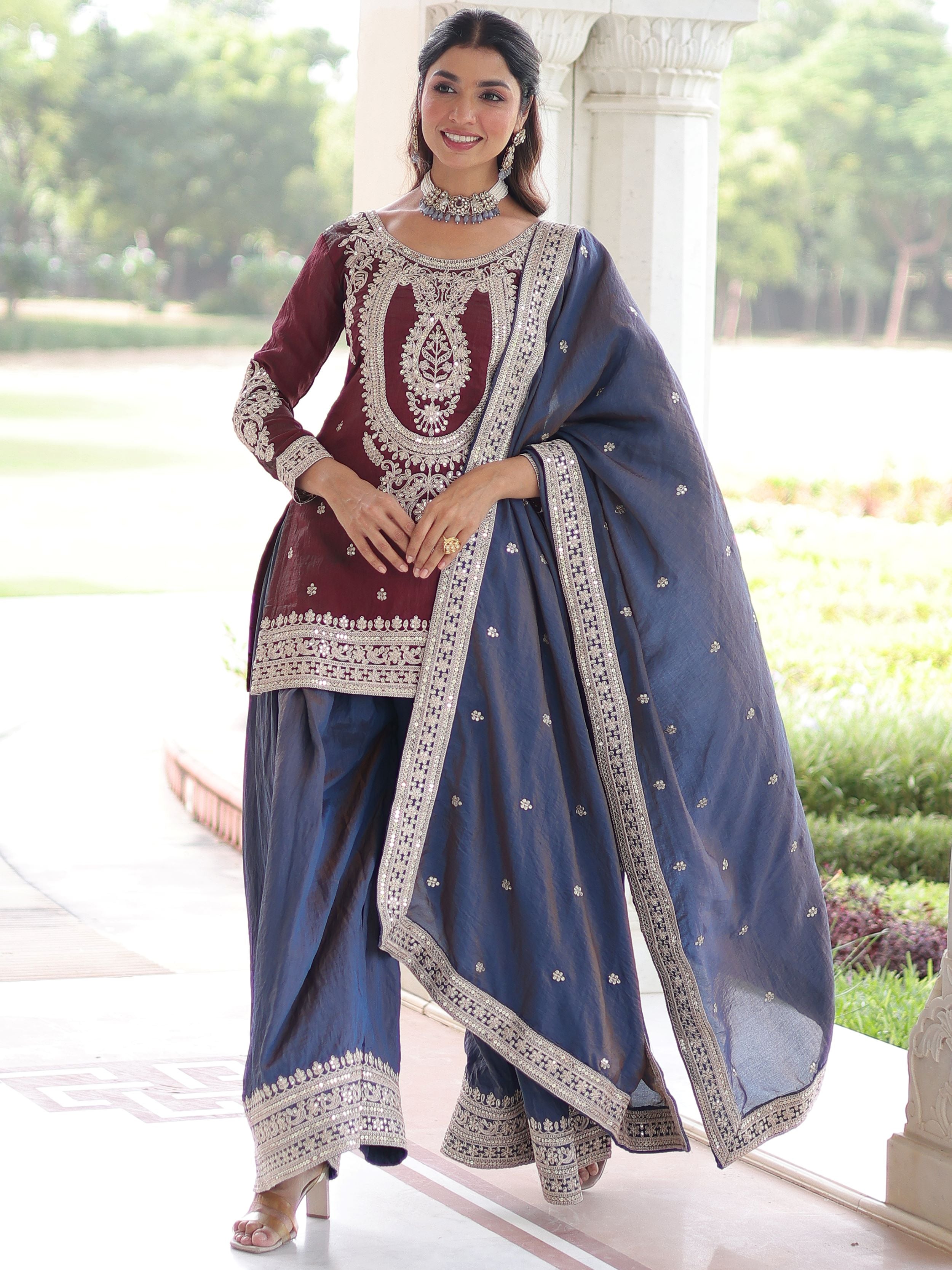 Alluring Maroon Embroidered Silk Festival Wear Sharara Suit