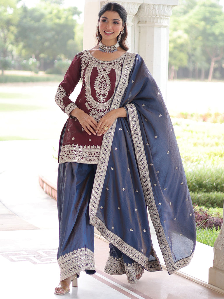 Alluring Maroon Embroidered Silk Festival Wear Sharara Suit