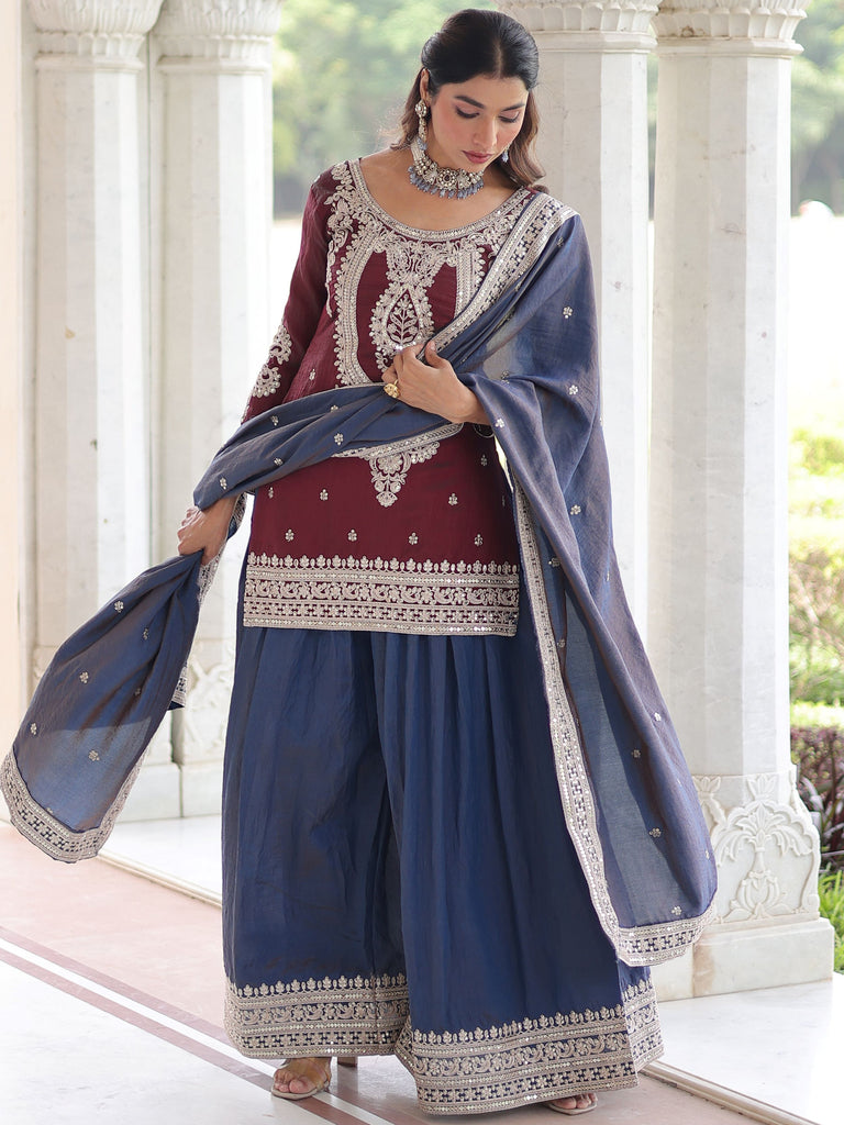 Alluring Maroon Embroidered Silk Festival Wear Sharara Suit