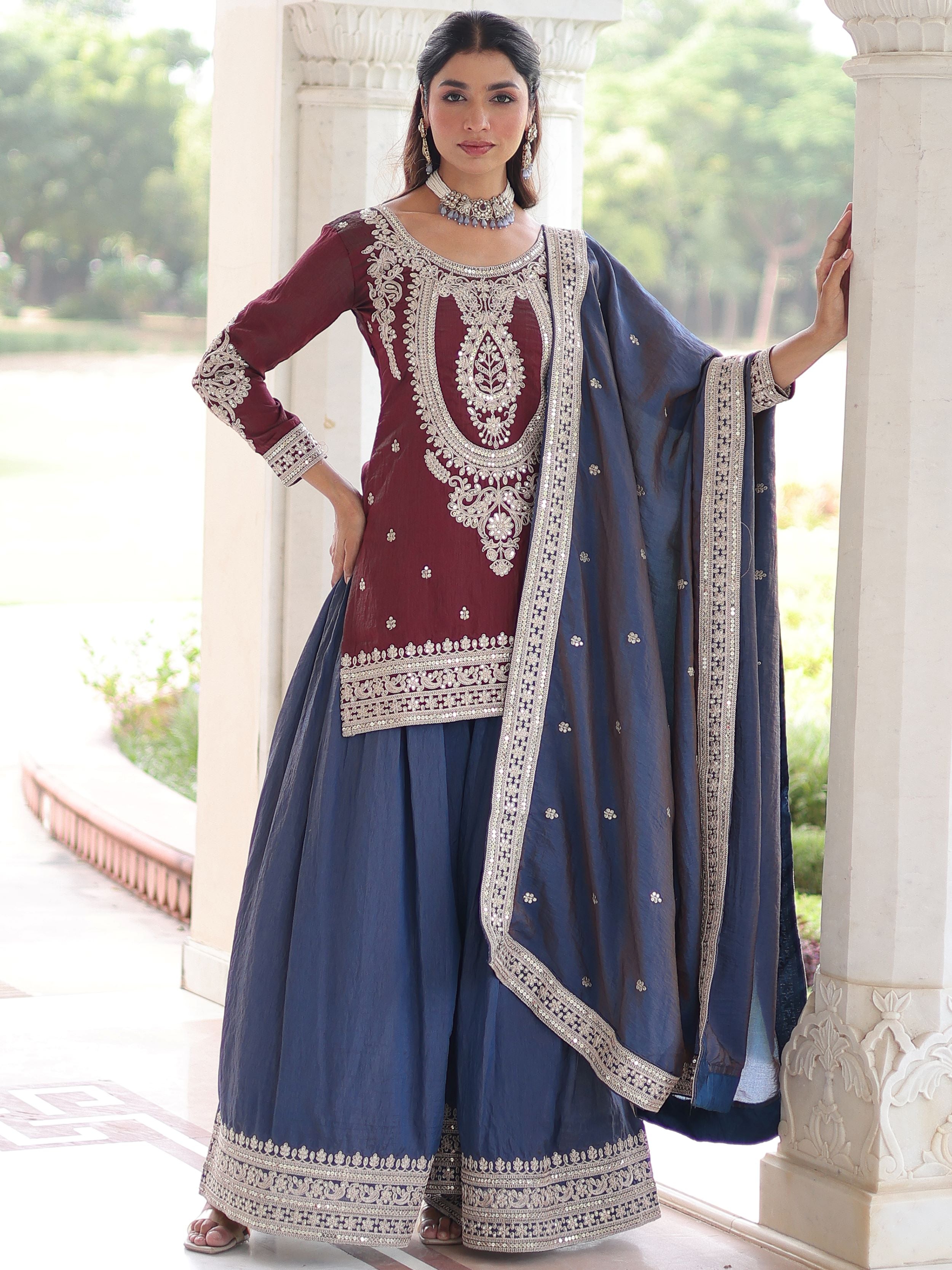 Alluring Maroon Embroidered Silk Festival Wear Sharara Suit