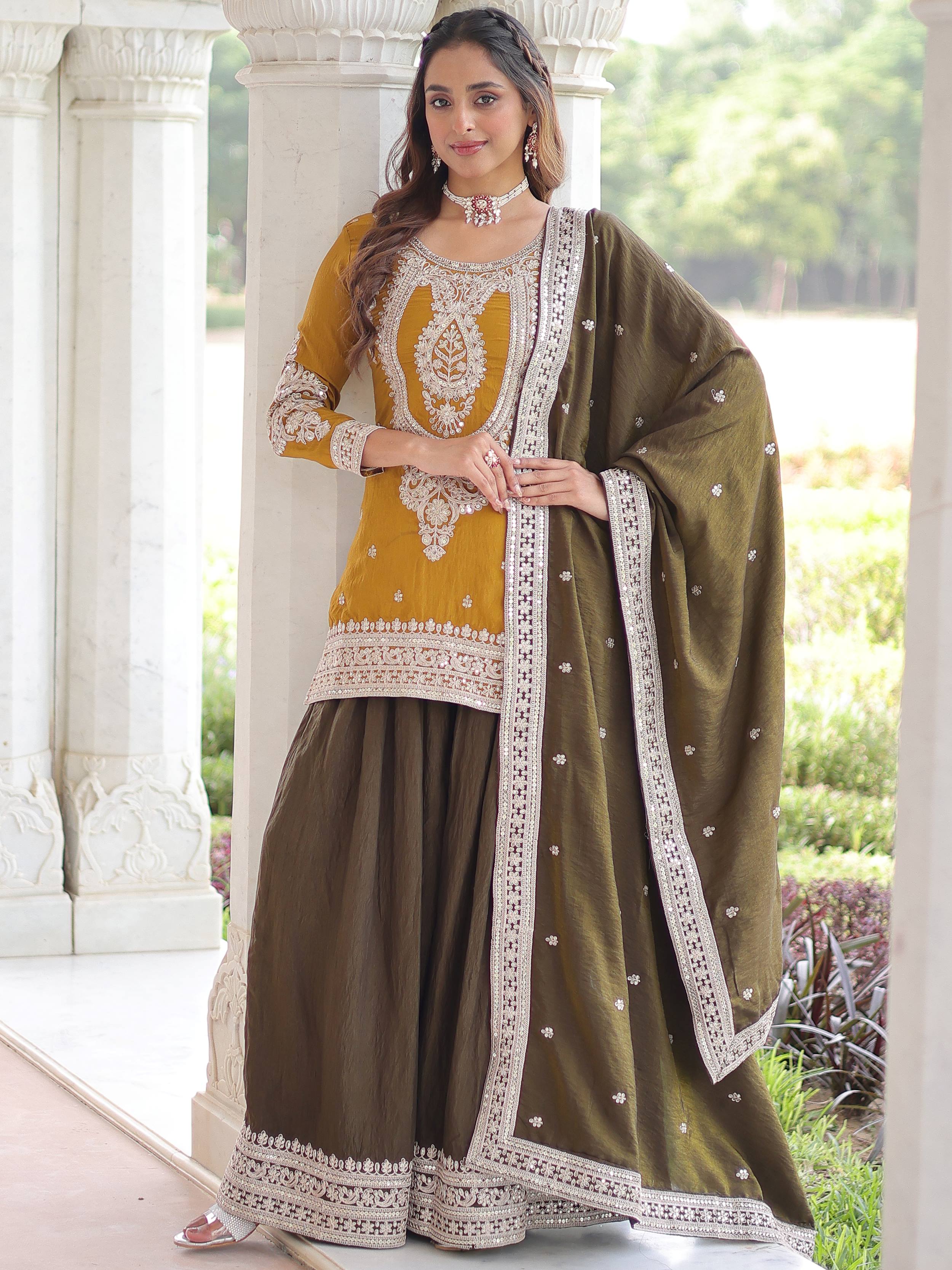 Charming Yellow Embroidered Silk Function Wear Sharara Suit