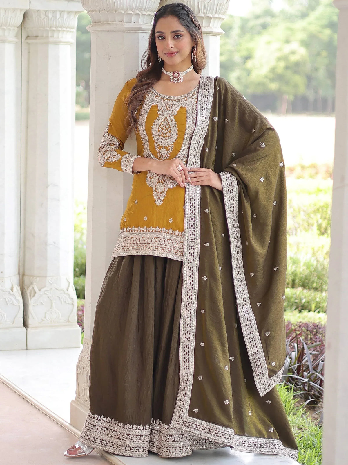 Mustard and olive green embroidered sharara suit with dupatta, Indian ethnic wear