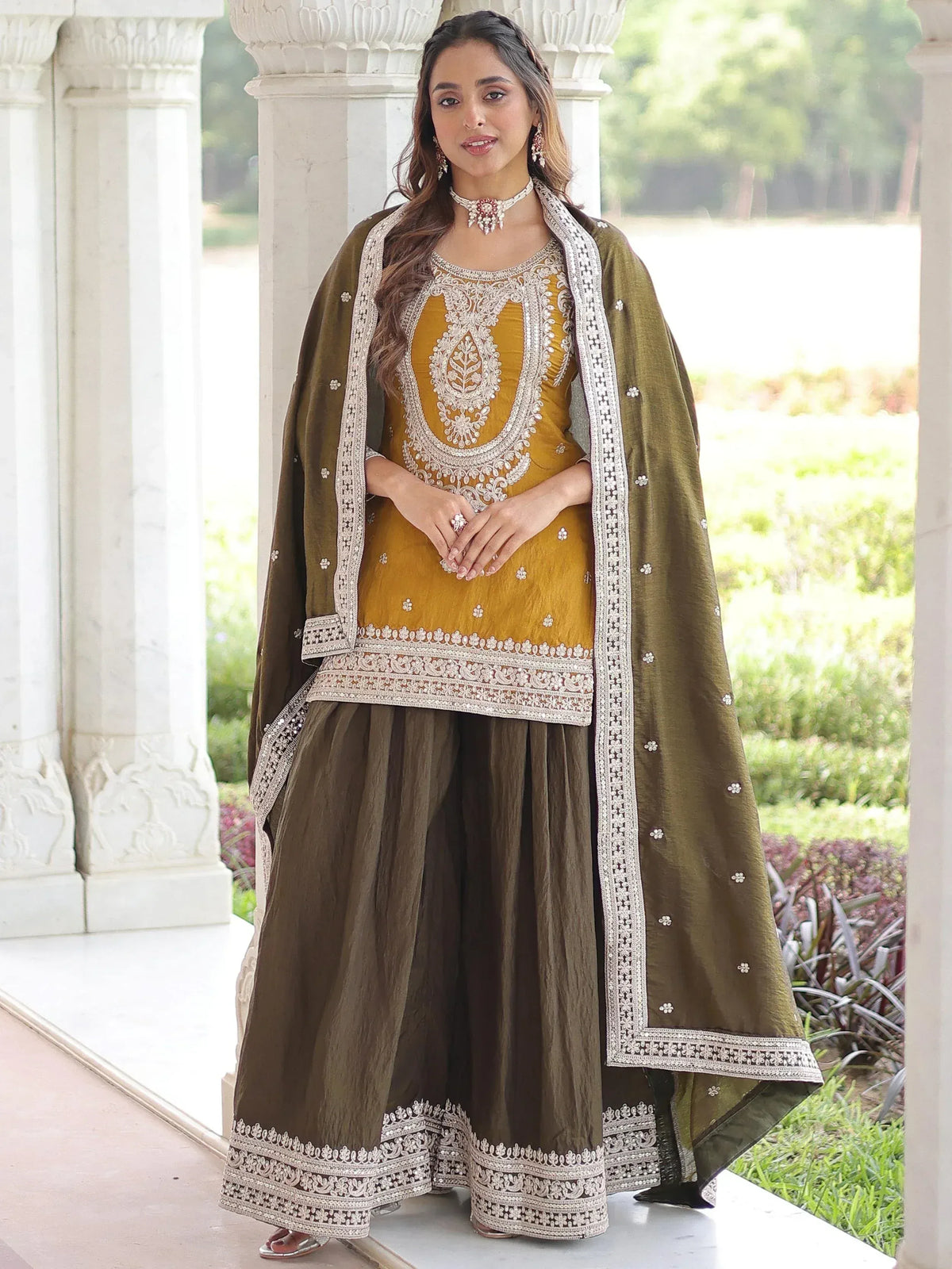 Mustard and olive green embroidered sharara suit with dupatta, perfect for Indian ethnic occasions