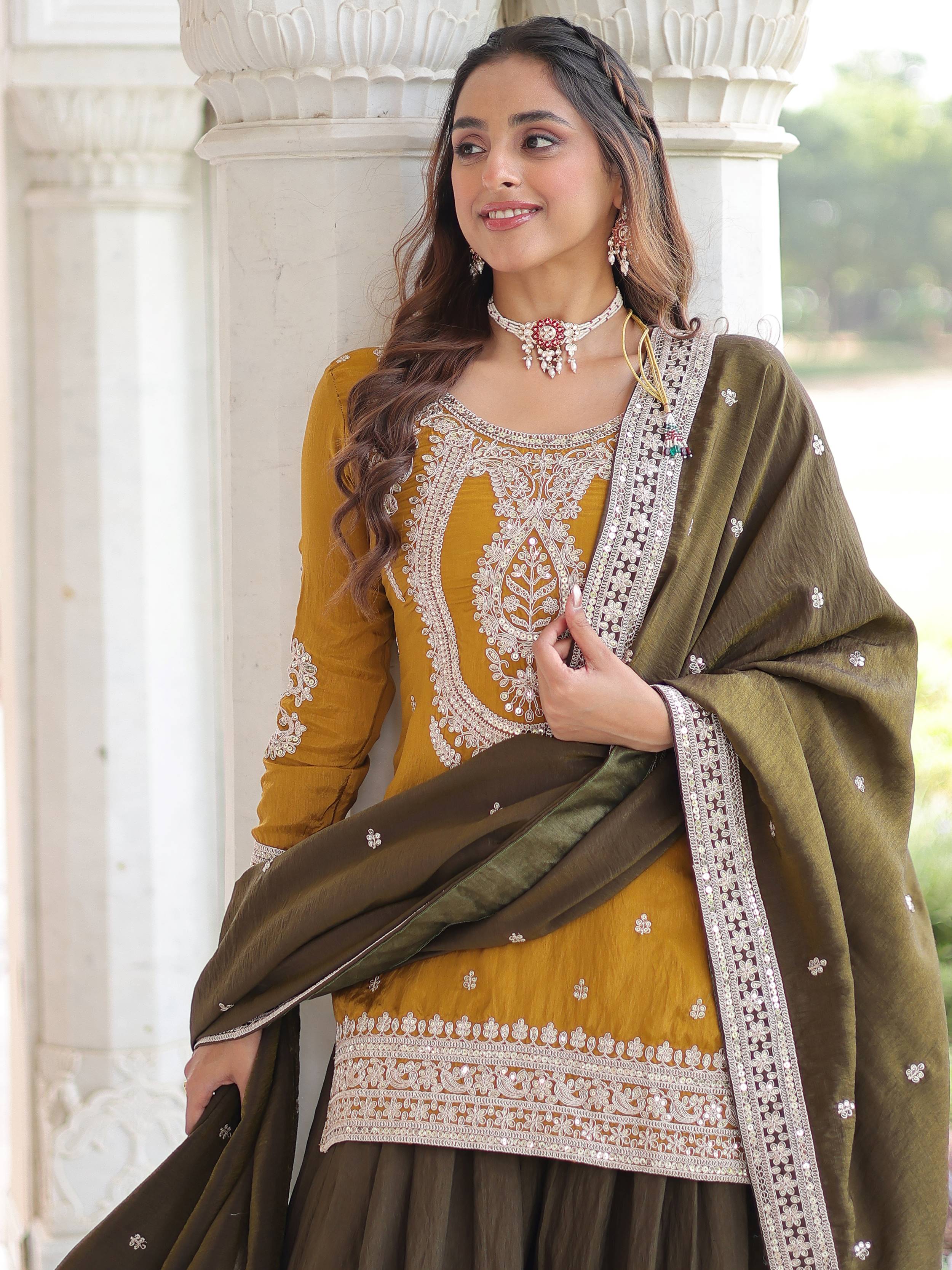 Charming Yellow Embroidered Silk Function Wear Sharara Suit