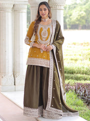 Charming Yellow Embroidered Silk Function Wear Sharara Suit