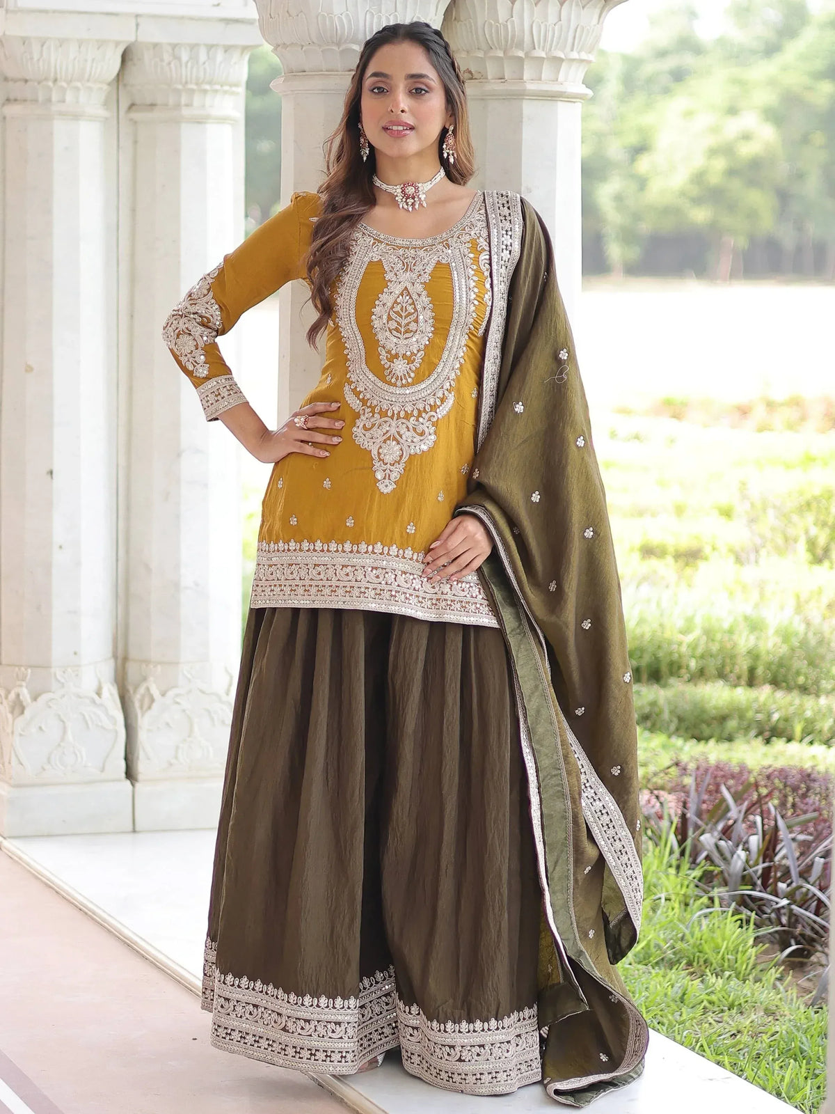 Mustard and olive green embroidered salwar kameez with matching dupatta, perfect for ethnic occasions