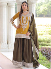 Charming Yellow Embroidered Silk Function Wear Sharara Suit