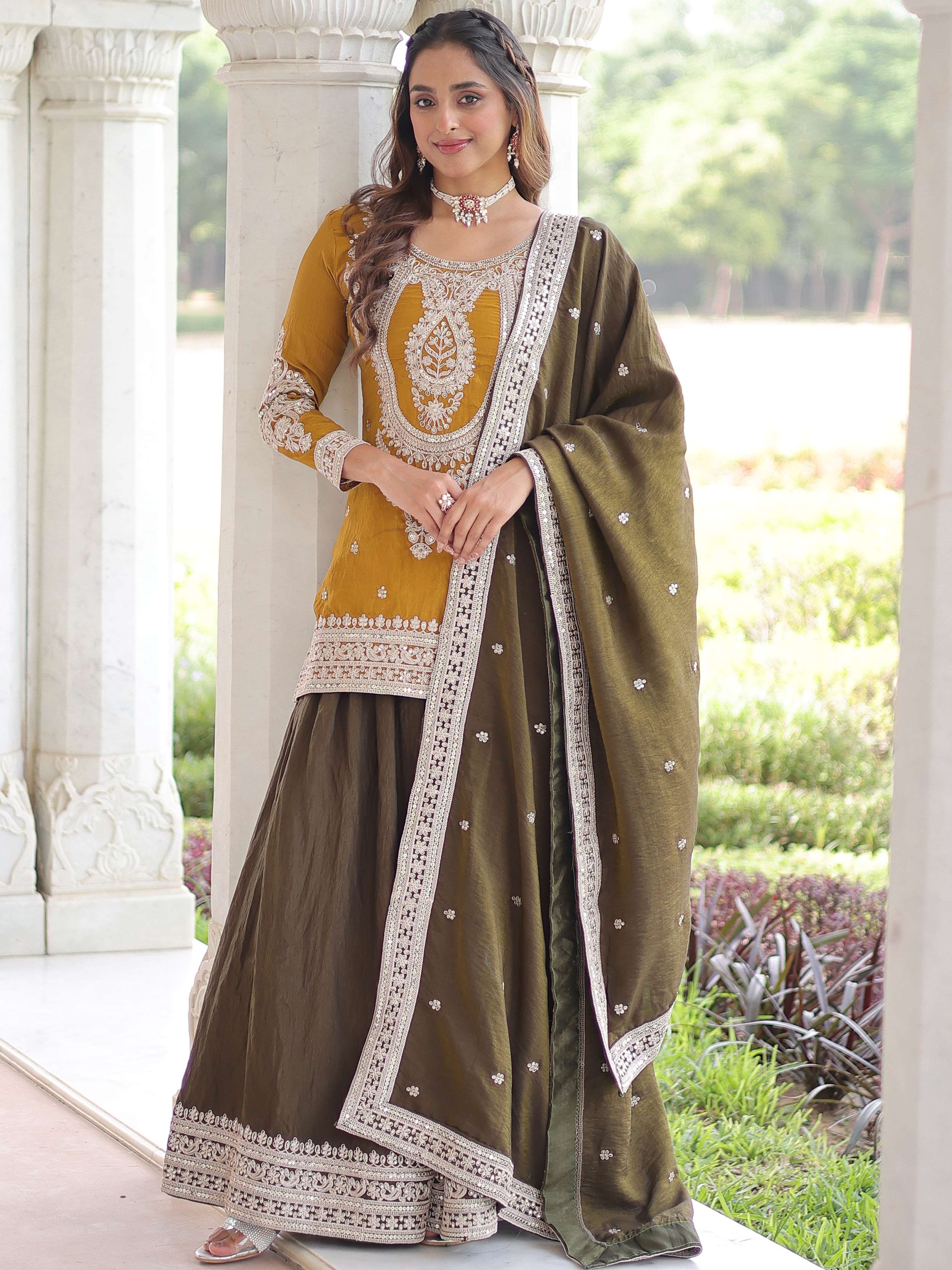 Charming Yellow Embroidered Silk Function Wear Sharara Suit