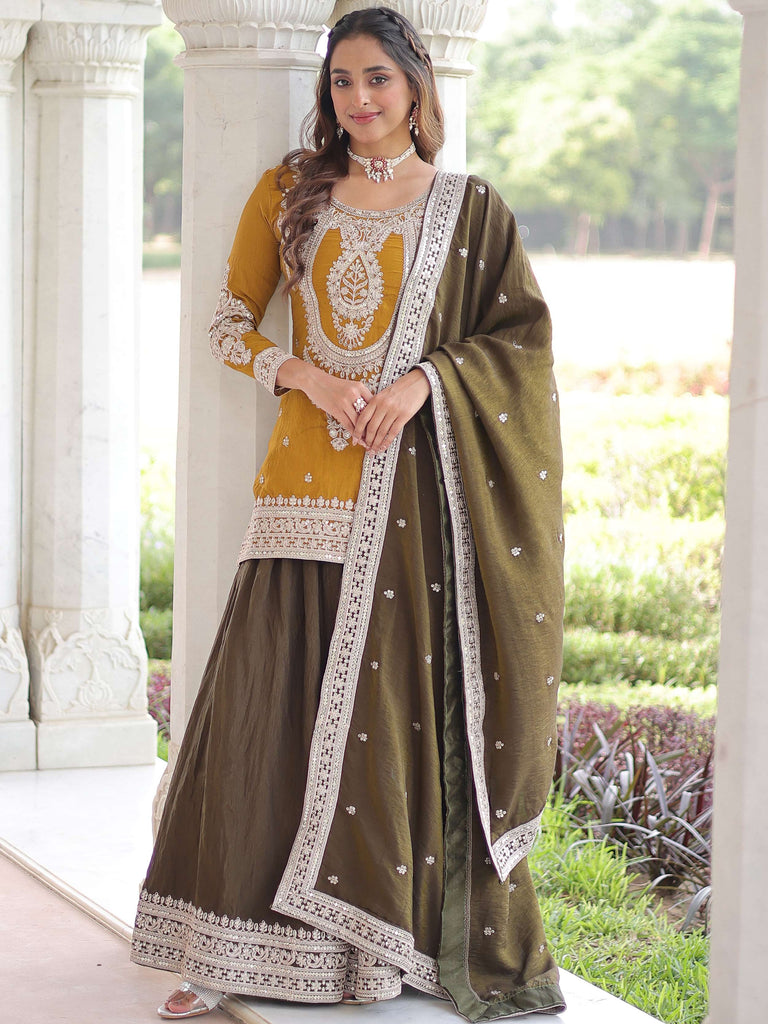 Charming Yellow Embroidered Silk Function Wear Sharara Suit
