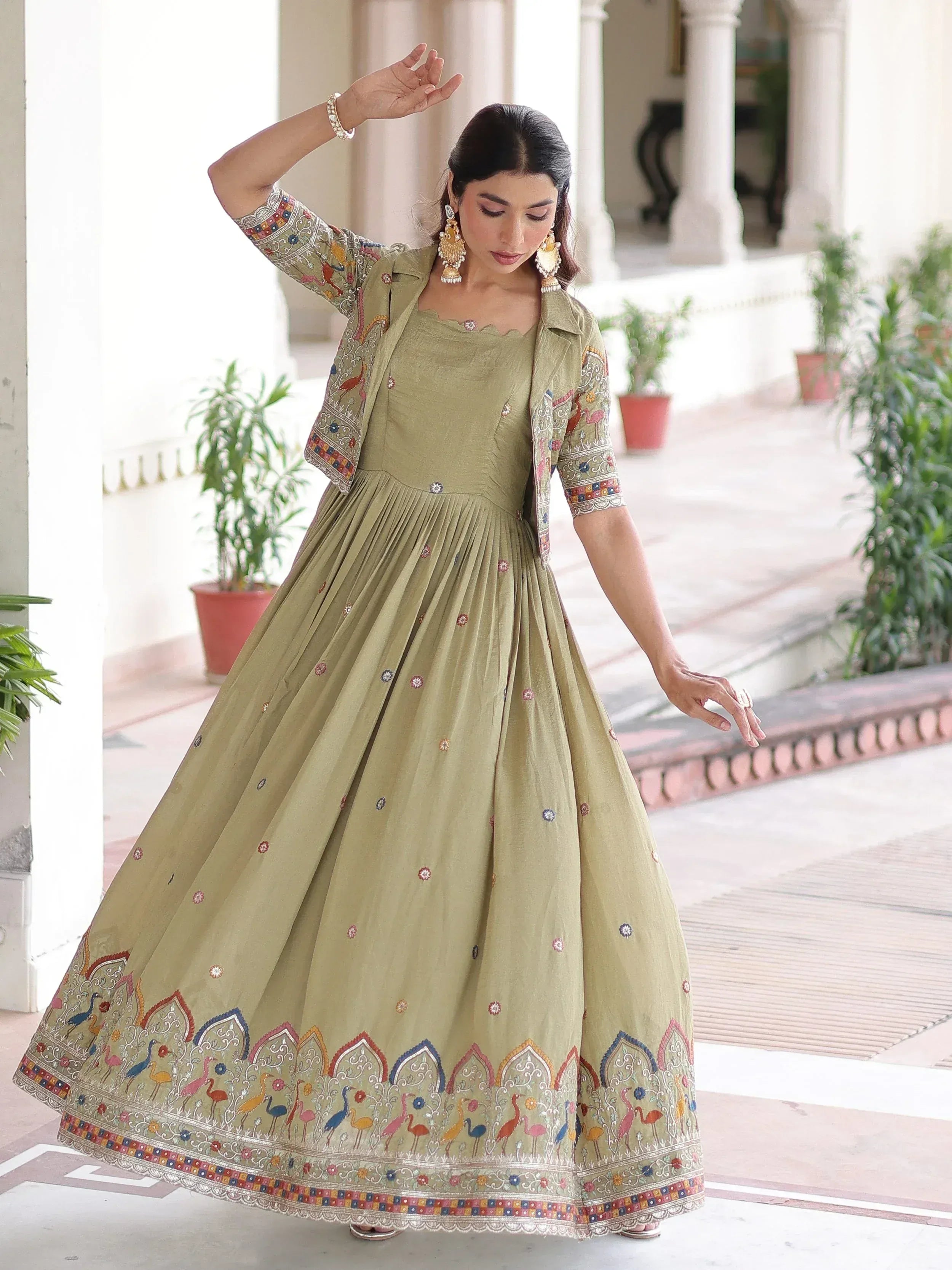 Olive green embroidered anarkali gown with matching jacket, perfect for Indian ethnic occasions
