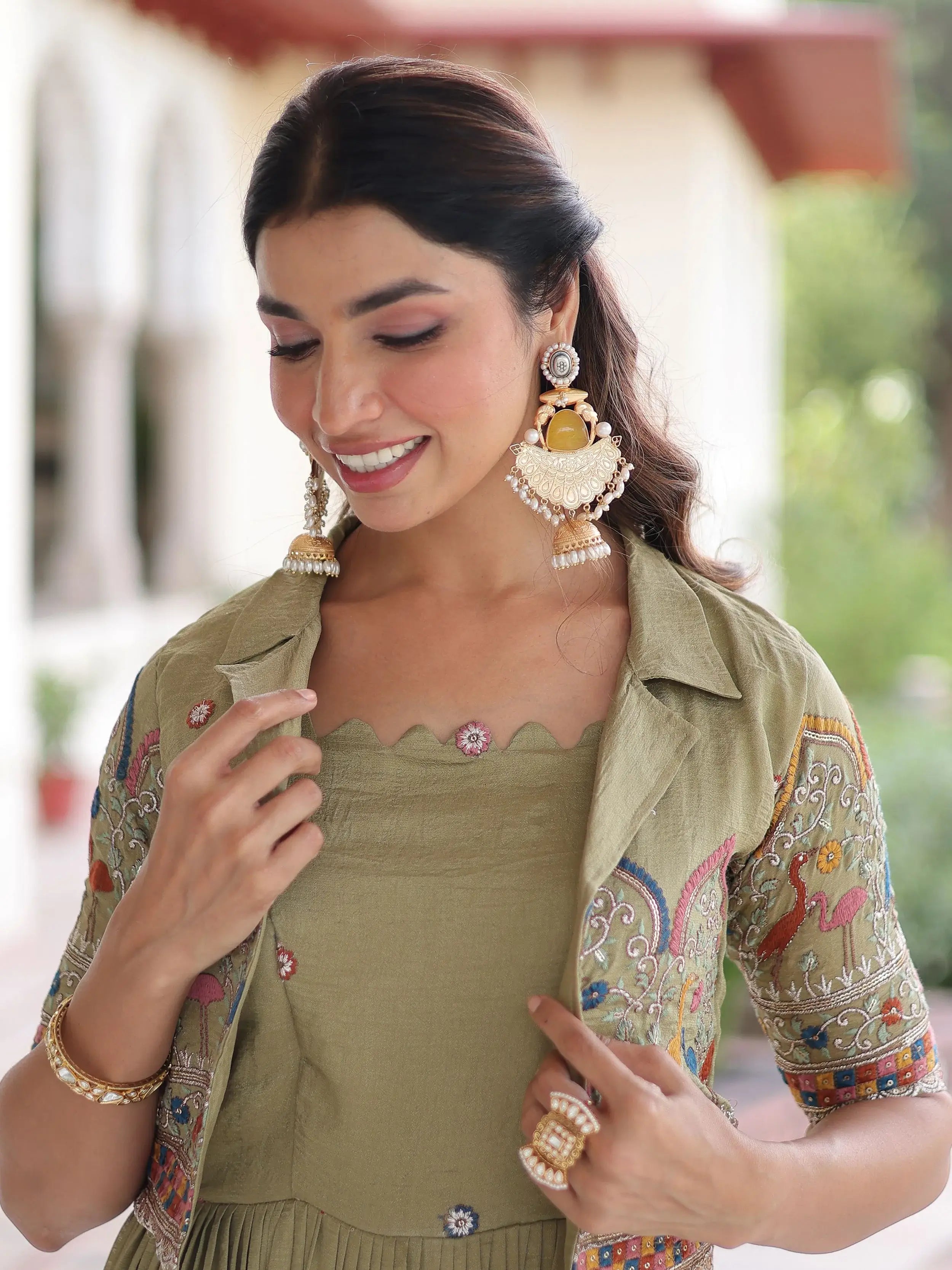 Attractive Pista Embroidered Silk Festival Wear Gown With Koti