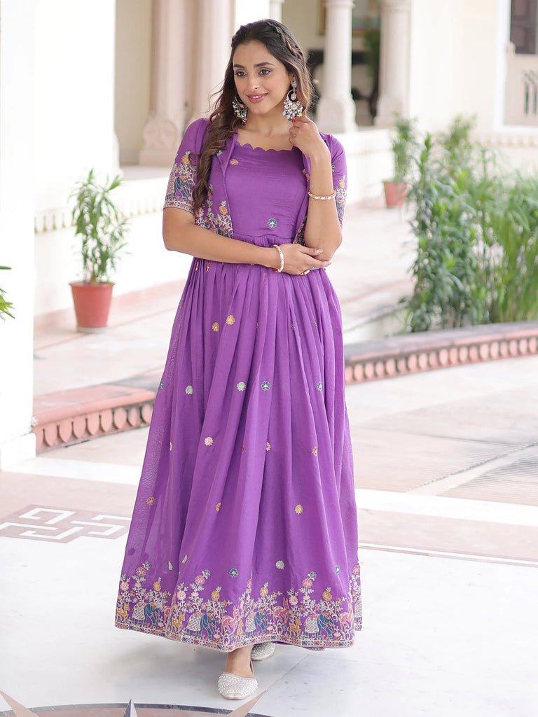 Awesome Purple Embroidered Silk Function Wear Gown With Koti