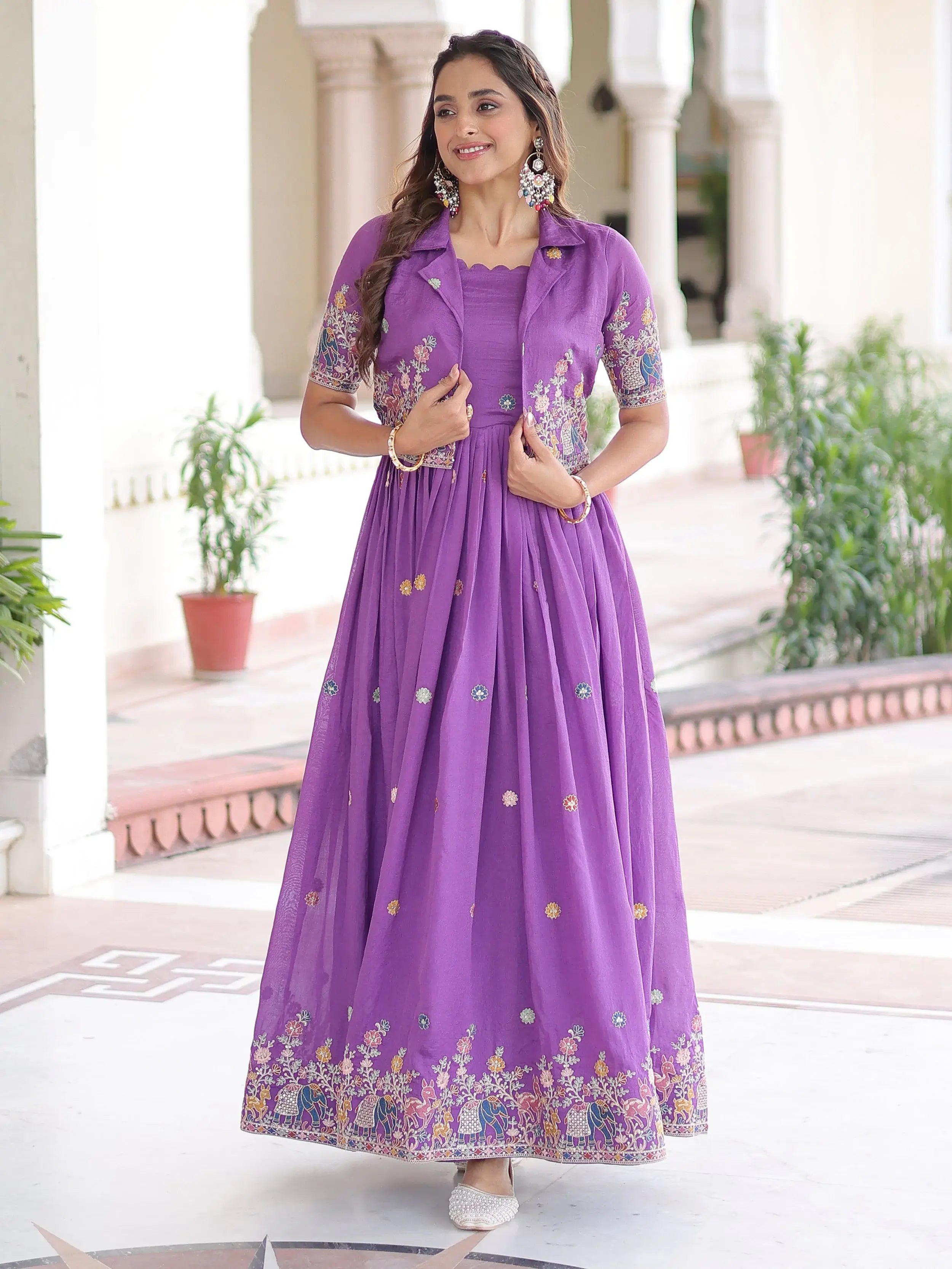 Awesome Purple Embroidered Silk Function Wear Gown With Koti